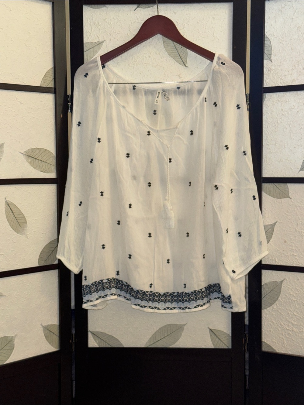 Boho Embroidered White Peasant Blouse with Tassel Tie
